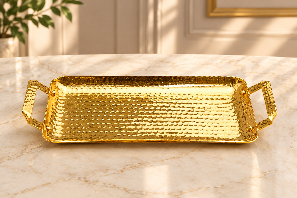 Golden Hammered Aluminum Rectangular Tray with Handles