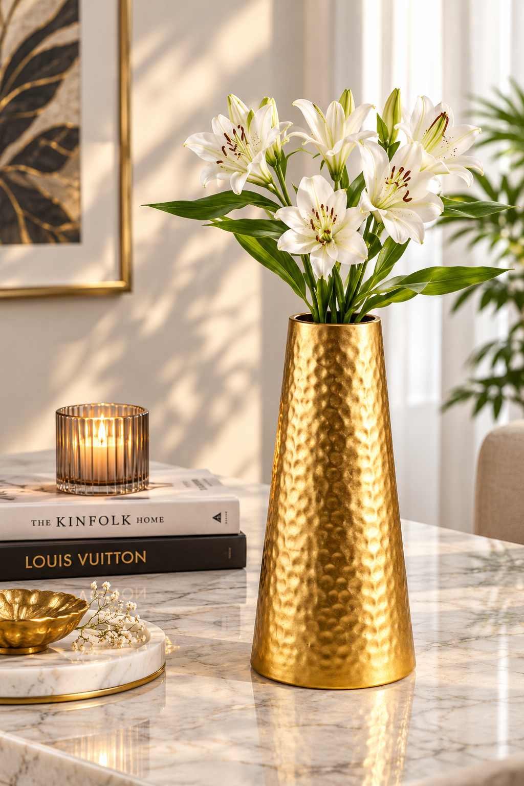 Golden Hammered Aluminum Flower Vase