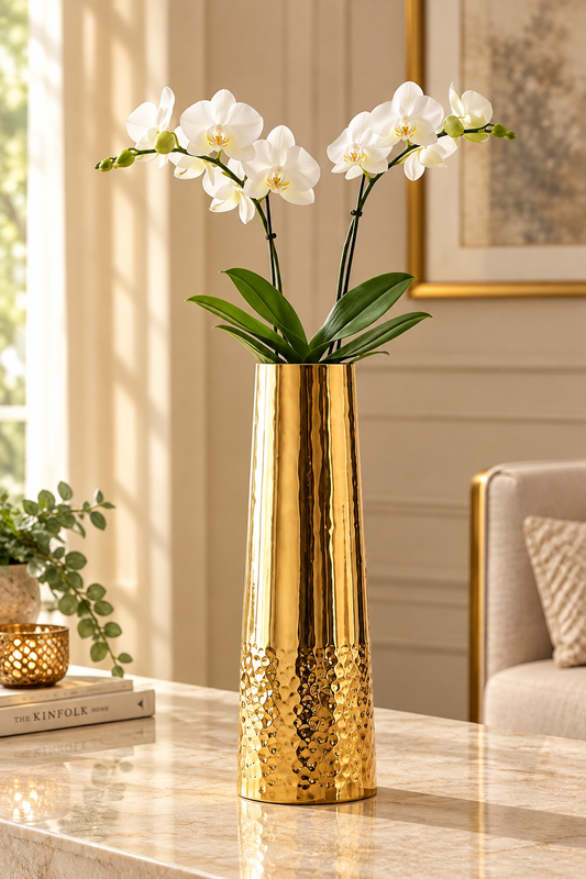 Golden Hammered Aluminum Flower Vase