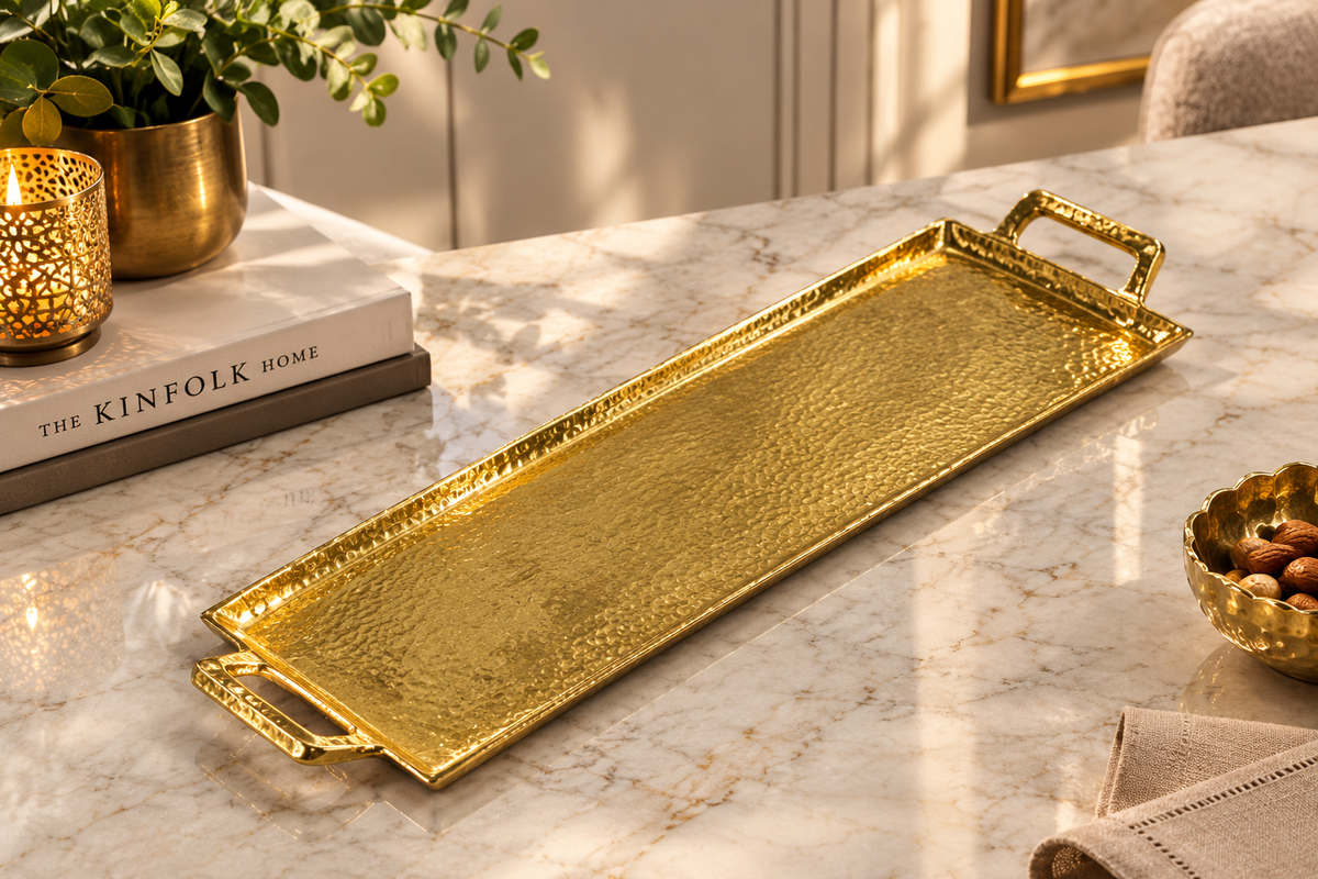 Golden Hammered Aluminum Rectangular Serving Tray