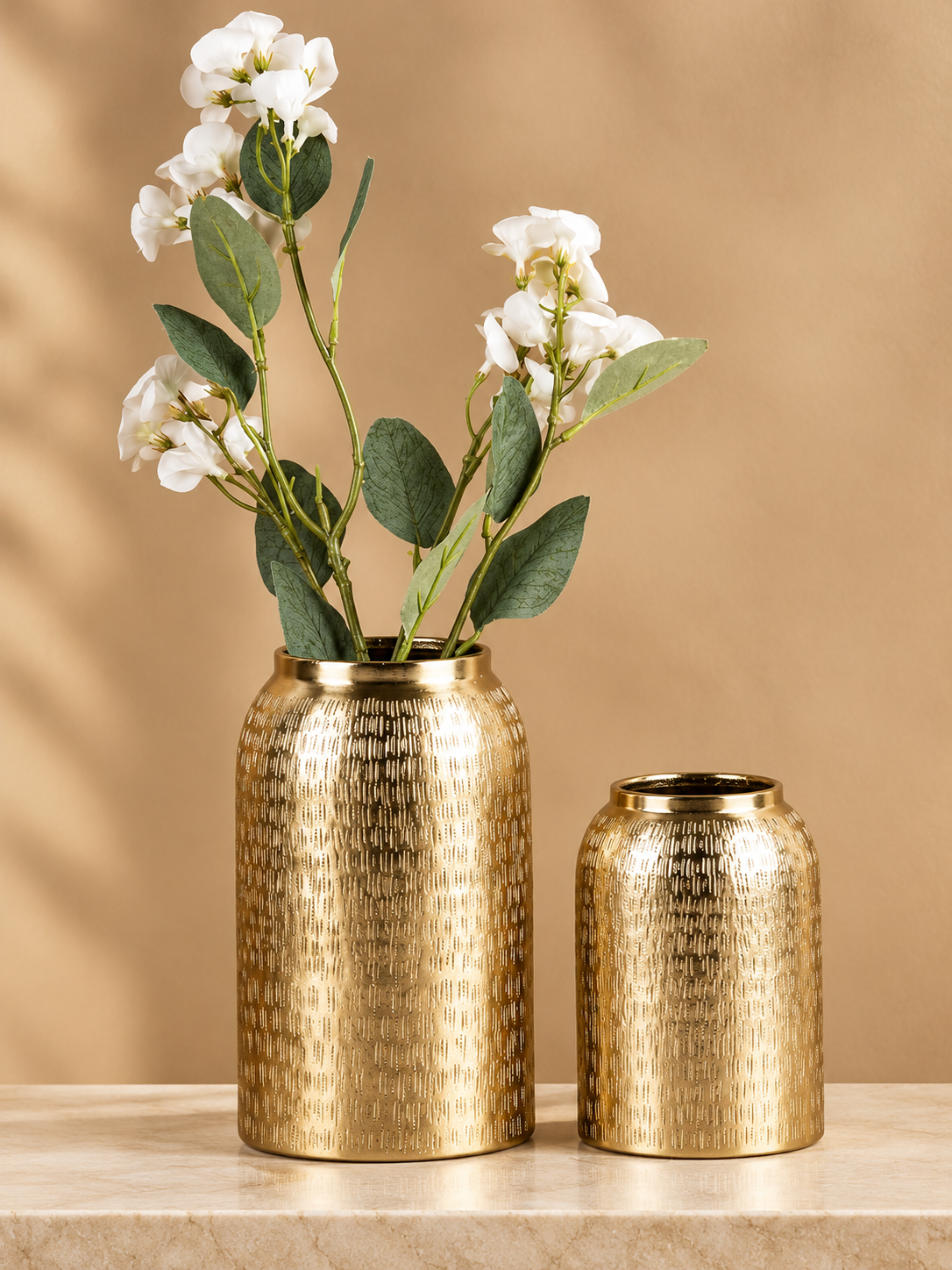 ALUMINIUM EMBOSSED VASES  GOLD ANTIQUE