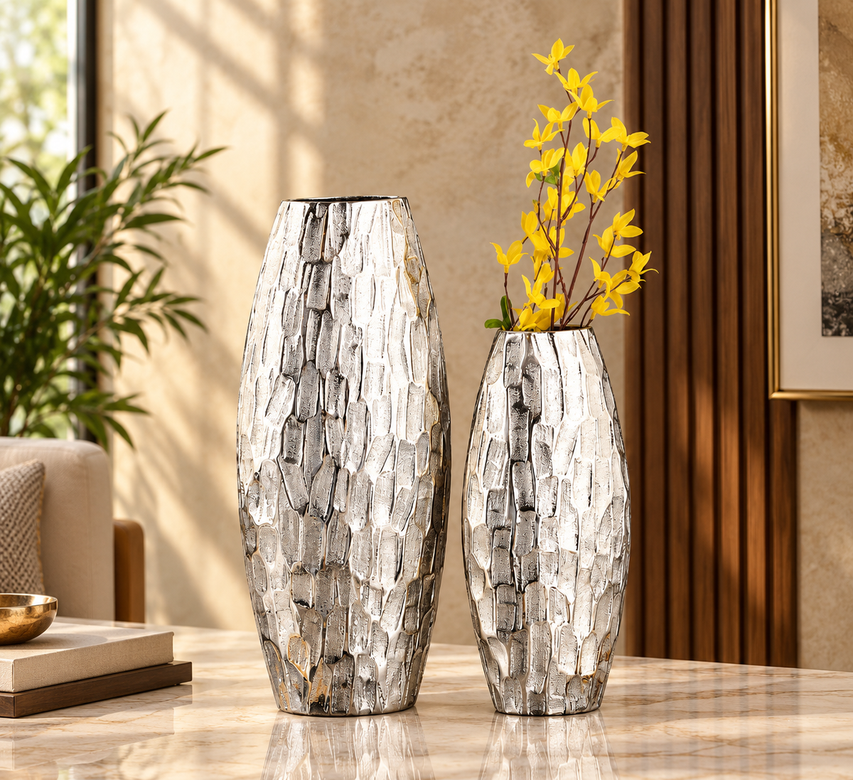 Silver Hammered Aluminum Decorative Vase Set