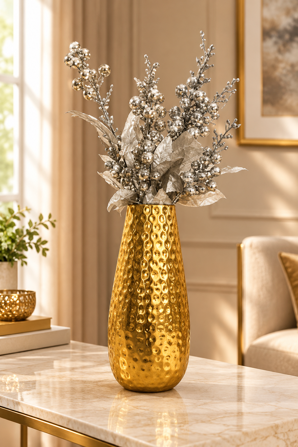 Golden Hammered Aluminum Decorative Vase