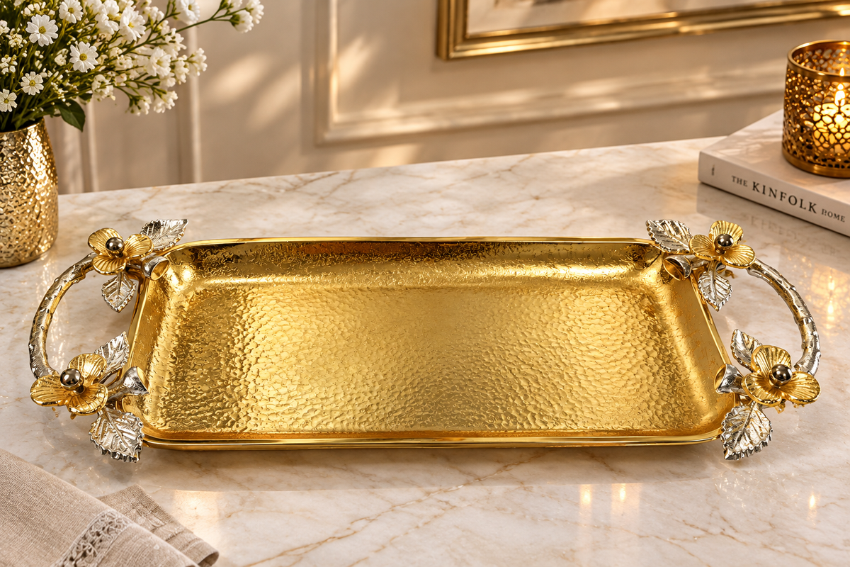 Golden Hammered Aluminum Decorative Serving Tray